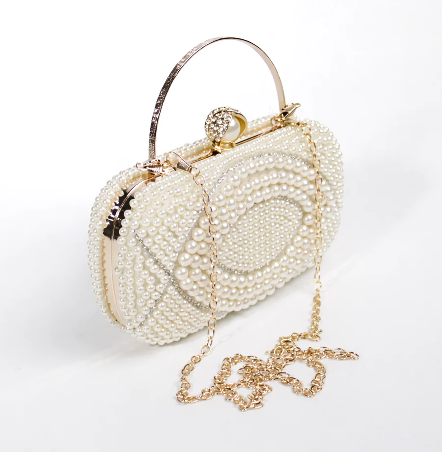 Oval Beaded Design Gold Clutch Bag