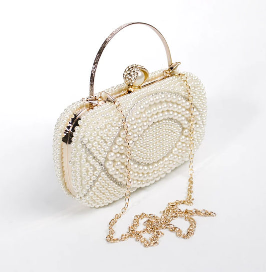 Oval Beaded Design Gold Clutch Bag