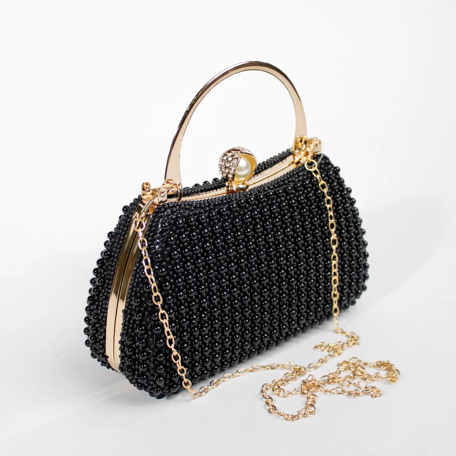 Structured Beaded Black Clutch Bag